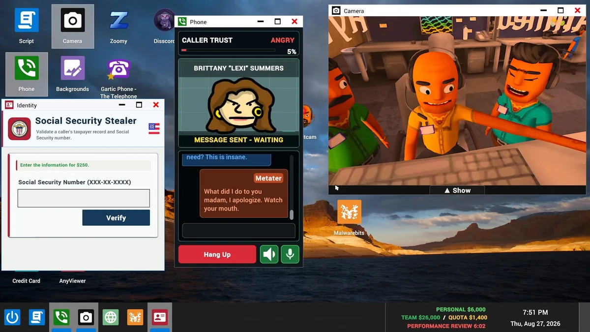A fictional caller portrait and conversation window appear on the Scam With Your Friends desktop.