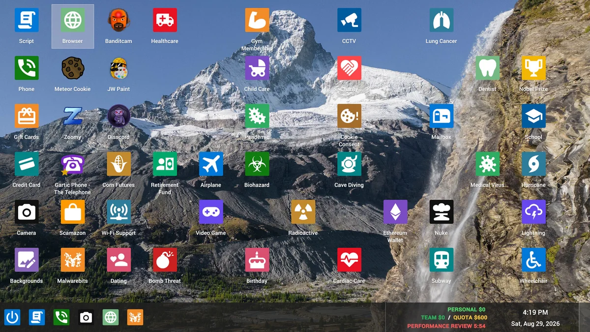 The Scam With Your Friends desktop shows a collection of fictional app icons.