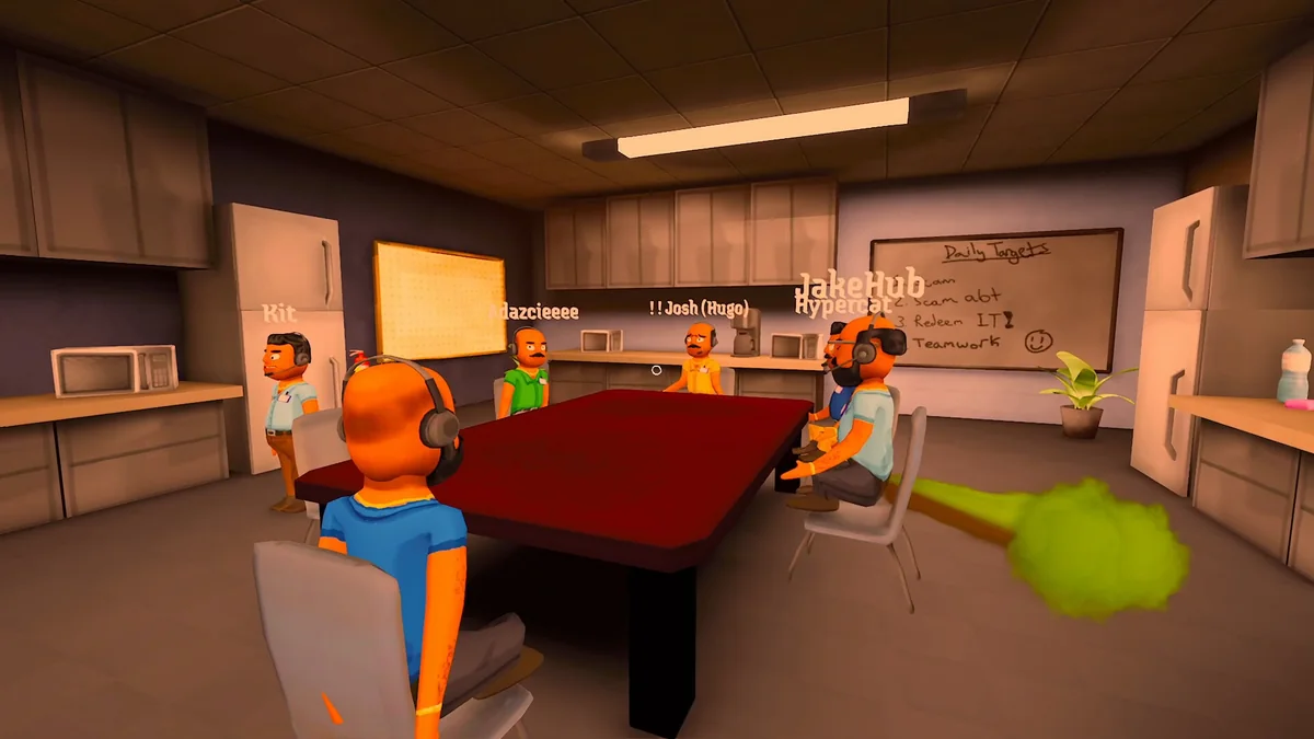 Scam With Your Friends coworkers gather in a shared office lounge beside the call floor.