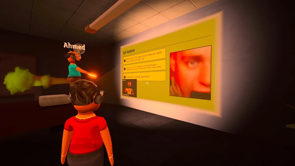 Scam With Your Friends coworkers face a boss-review display inside the office.