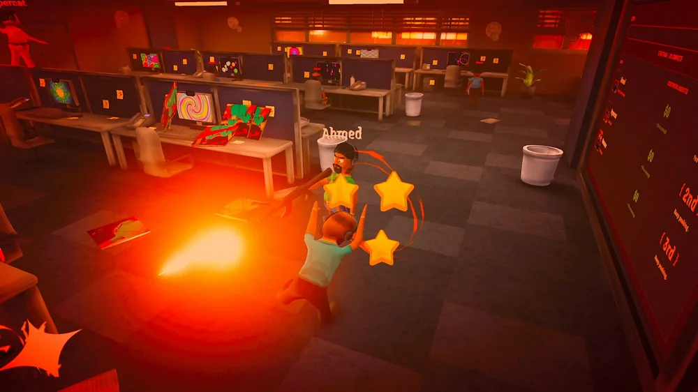 Bright flames erupt between coworkers and desk rows in a chaotic Scam With Your Friends office scene.
