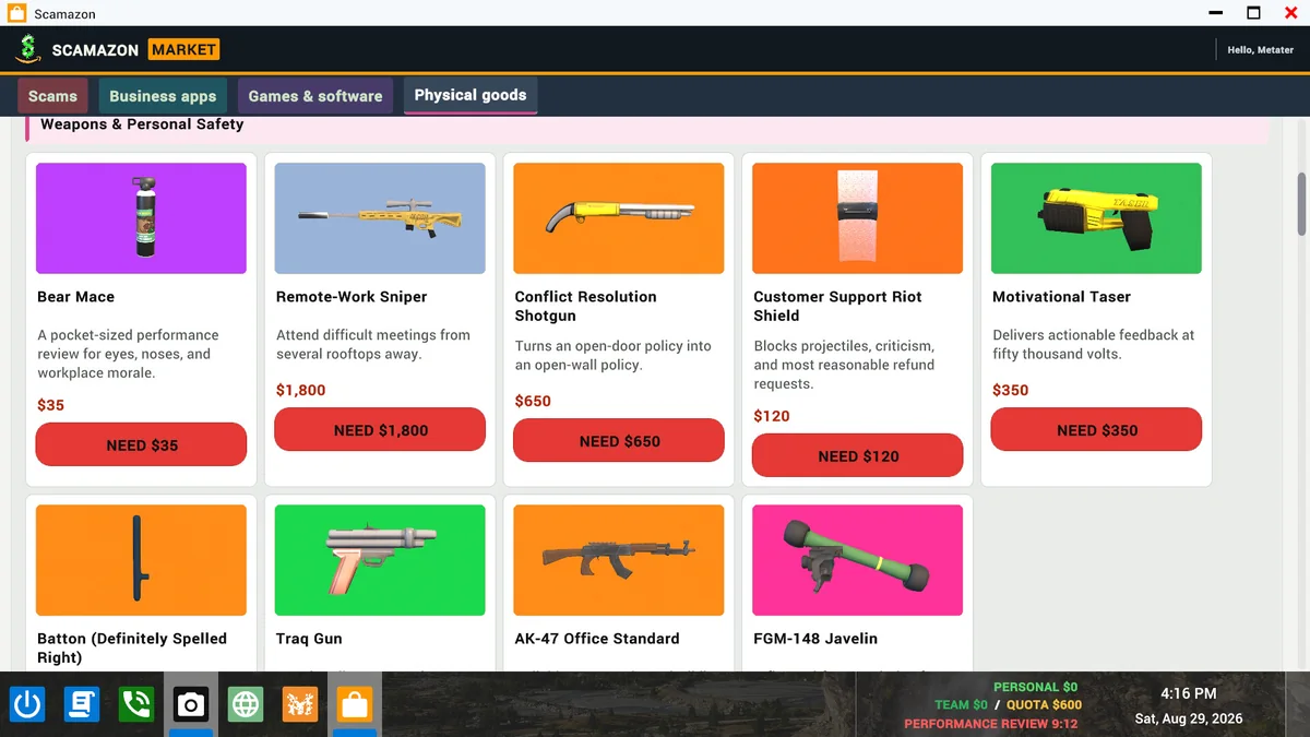 The Scam With Your Friends in-game shop lists office equipment and unlockable items.