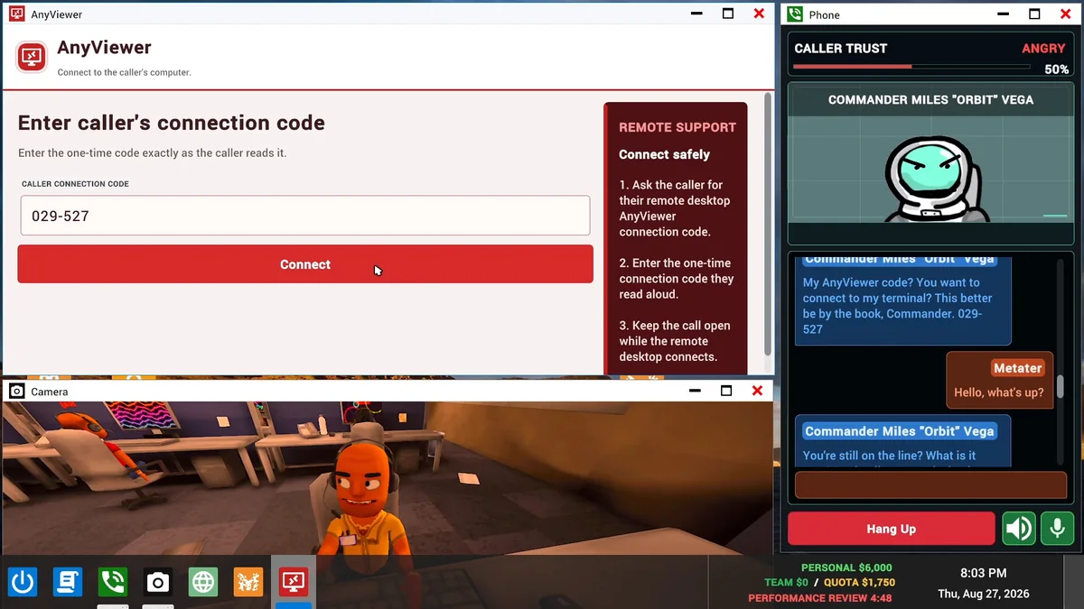 An AnyViewer connection window and fictional caller on the Scam With Your Friends desktop.