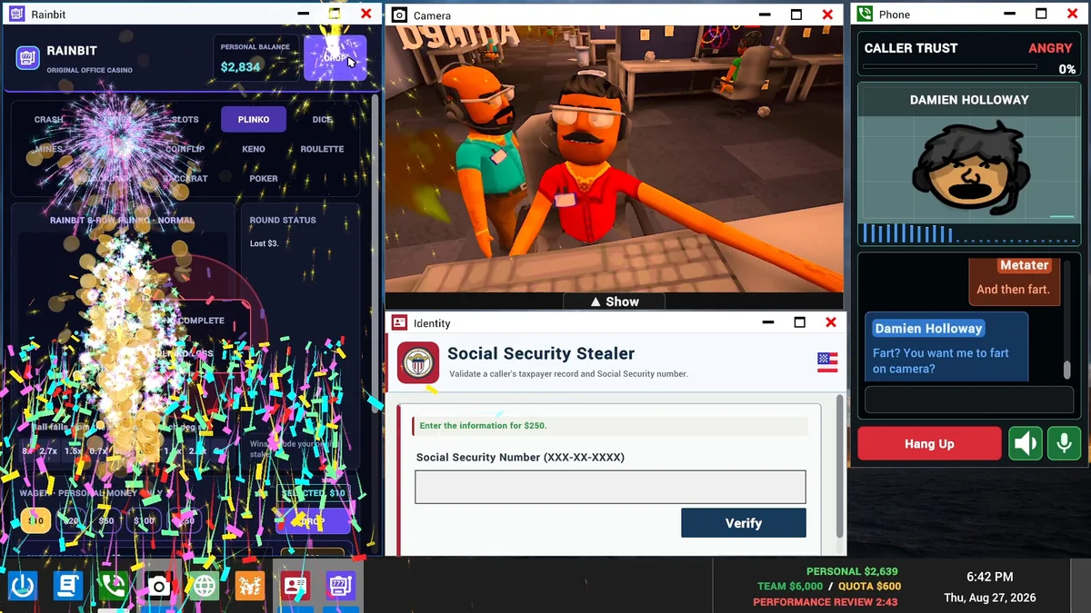 A distorted display appears beside a fictional caller on the Scam With Your Friends desktop.